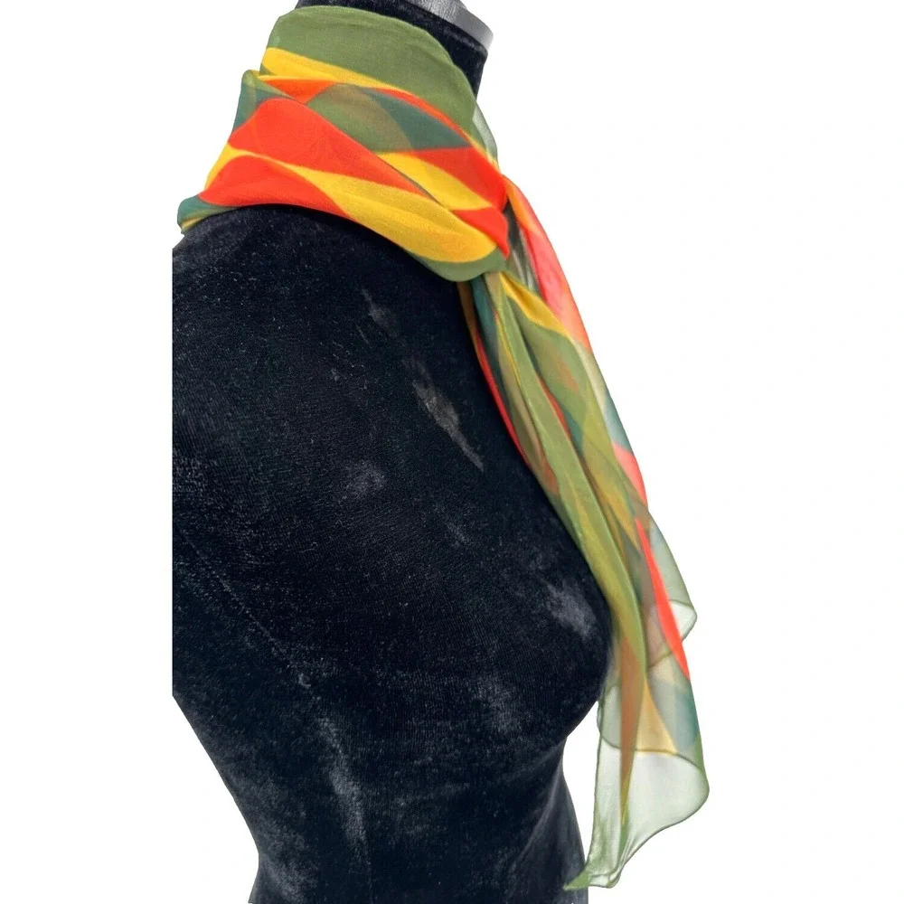 Sally Gee Rectangular Olive Green‎ Retro Geometric Rolled Hem Scarf Japan